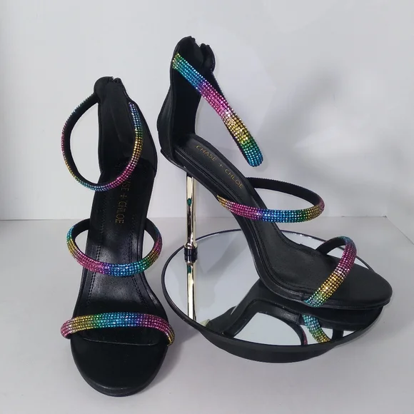 Chase + Chloe Women's Black/Multicolor 3 Strap Zip Up Heels Size 8 - Picture 7 of 10